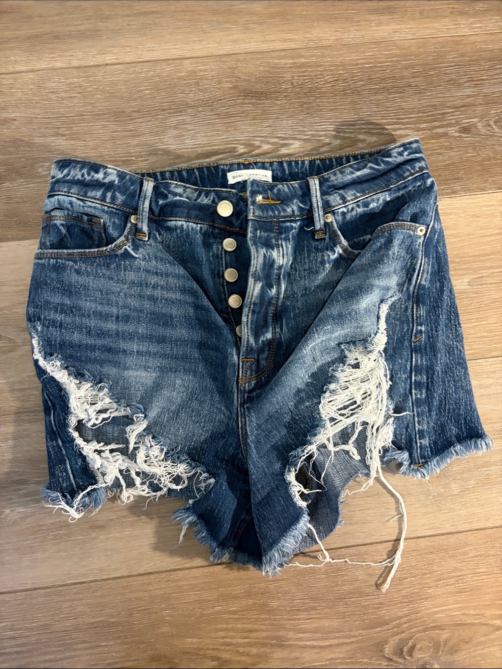 Good American Distressed Dark Blue Denim Cutoff Shorts 6 28